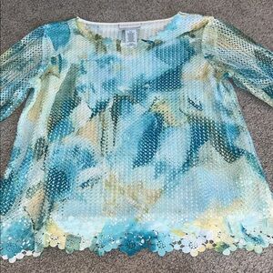 Alfred Dunner Blue and Yellow Floral Lace Blouse